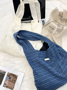 Blue ribbed tote bag and white lace embroidery shoulder bag for daily student or commute