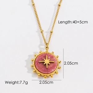 Detail showing pink natural stone pendant with gold star and size specifications