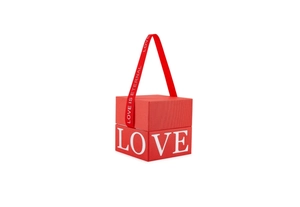 Boîte cadeau rouge carrée avec anse en soie et texte Love Is Eternal pour les mariages