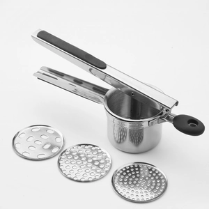 Stainless steel potato ricer with silicone handle and three interchangeable discs