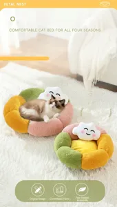 Detalle macro de la cama para gatos con forma de pétalo y cojín de nube de felpa