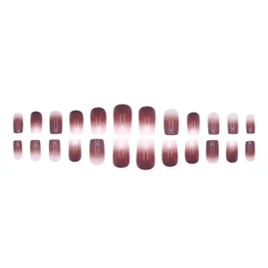 Press-on nail set featuring shiny dark brown and nude gradient blush design in square shape
