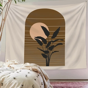 Bohemian tapestry featuring plant leaf silhouettes and sun motif in earthy tones decor