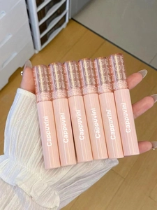 Set of six glossy lip glazes in pink tubes with cute bear design by Cappuvini