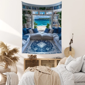 Detailed view of bohemian tapestry with 3D library and sea view hanging on a bedroom wall
