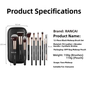 Detailed dimensions of 12pcs black makeup brush set with PU leather zipper bag