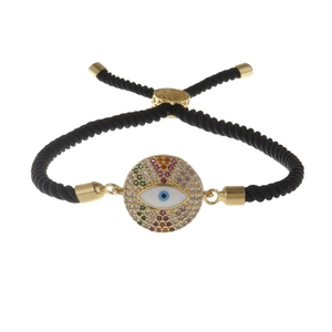 Verstellbares Evil Eye Armband mit Vergoldung und bunten Zirkonsteinen auf schwarzer Kordel