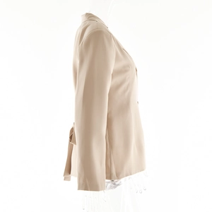 Side view of beige long sleeve blazer jacket with premium polyester fabric and tailored hem