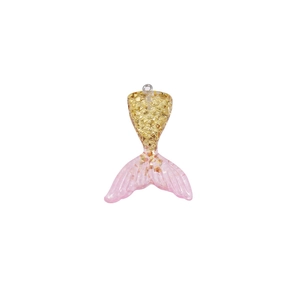 Detail of mermaid tail charm with gold scales and pink resin with glitter and top loop