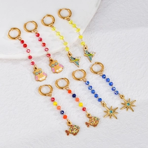 Vintage Stainless Steel Gold Plated Multi-element Beaded Earrings With Colorful Enamel Owl Bird Fish Star Pendants