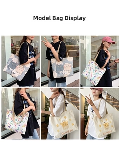 Detail shots showing printed canvas tote bags with cat and giraffe patterns on models