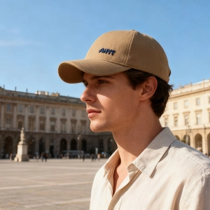 Men's khaki winter baseball cap with blue AHYT embroidery and fleece lining for warmth