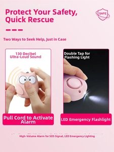 Detail of pink owl personal alarm showing the 130dB pull-cord trigger and LED light function
