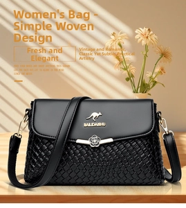 Macro detail of the woven texture and golden flower lock on the black leather handbag
