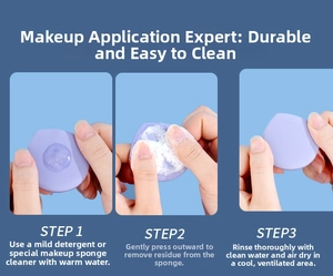 Three-step cleaning guide for purple makeup sponge showing washing and rinsing process