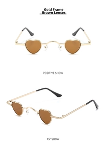 Detailed views of gold heart sunglasses with brown lenses from front and side angles