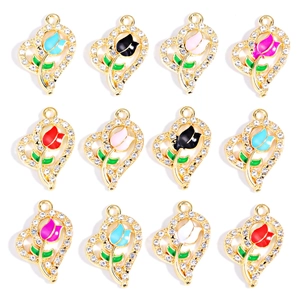 Colorful heart tulip pendants with alloy metal frame and rhinestone inlay charms