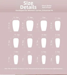 Size guide for Short Ballet press-on nails showing 12 detailed width and length dimensions