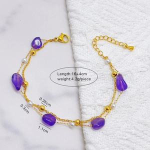 Bohemian double-layer gold bracelet with purple stones and pearls, adjustable 16+4cm