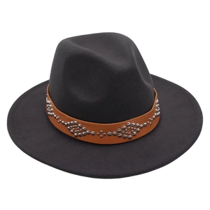 Detail of black wool fedora hat featuring a brown leather band with silver metal studs