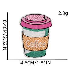 Detailed view of coffee cup embroidered patch showing 6.4cm x 4.6cm size dimensions