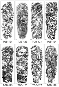 Detail view of eight waterproof full arm temporary tattoo stickers with diverse designs