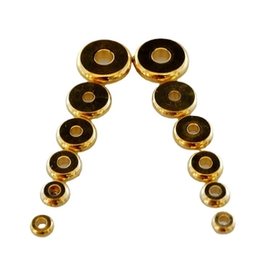 Flat solid brass spacer beads for DIY jewelry making in various sizes on white background