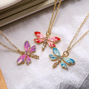 Dragonfly Pendant Necklace Copper 18K Gold Plated Enamel Wing Cubic Zirconia Inlaid Delicate Minimalist Jewelry For Women