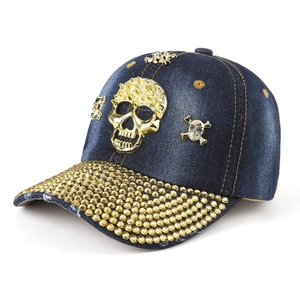 Skull Washed Denim Baseball Cap With Golden Metal Studs And Rhinestones Punk Rock Style Adjustable Sun Hat For Men Women