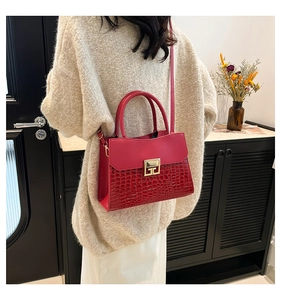 Fashionable red crocodile pattern crossbody bag shown on model with gold hardware detail