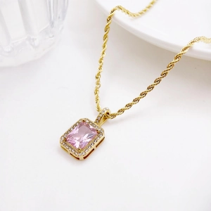 18K gold plated stainless steel twist chain necklace with pink square zircon pendant