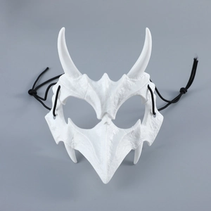 Macro detail of white bone-textured demon mask with sharp horns and elastic straps