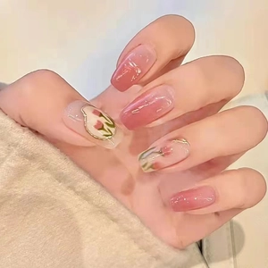 Rose Tulip Design Ombre Pink Press On Nails Medium Length Coffin Fake Nails French Style Elegant Manicure For Women A392 Model