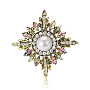 Baroque sunflower brooch in gold alloy with pearls and colorful rhinestones on white background