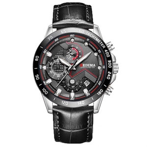 Luxury men's sports watch with black leather strap and multi-function chronograph dial