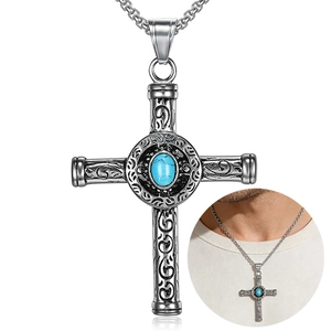 Cross Pendant Necklace Vintage Stainless Steel Inlaid Turquoise Engraved Punk Hip Hop Gothic Jewelry For Men Women