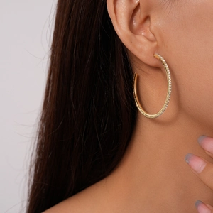 Close-up of gold-plated hoop earrings with micro-paved white zircons on female model