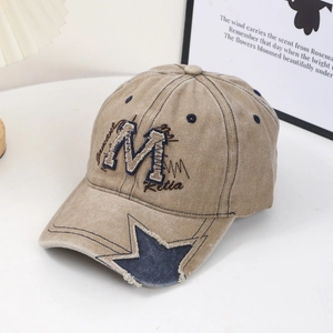 Vintage khaki washed cotton baseball cap with embroidered M logo and star patch