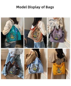 Detail view of colorful cartoon canvas tote bags with polka dot straps and drawstring closure