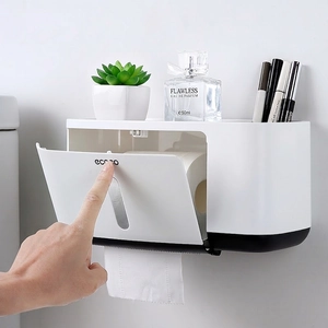 Wall-mounted white waterproof toilet paper box with top shelf and organizer slots