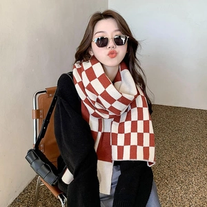 Women's knit checkerboard scarf in red and white, stylish warm winter shawl wrap