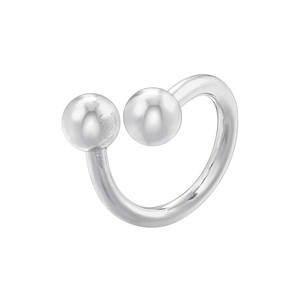 Close-up of minimalist silver open ring with smooth double spheres on a white background