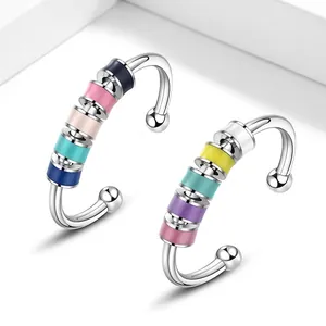 Stainless Steel Adjustable Anxiety Ring For Women Men Fidget Ring With Rotating Enamel Beads Stress Relief Jewelry Gift
