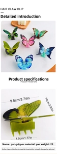 Detail view of colorful butterfly hair claw clips with 9.5cm dimensions and PVC material