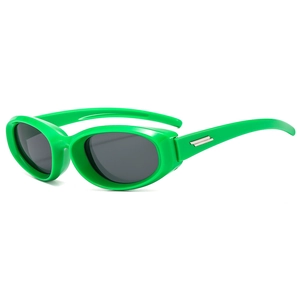 Glossy green oval Y2K sunglasses with dark grey lenses and silver metal temple accents