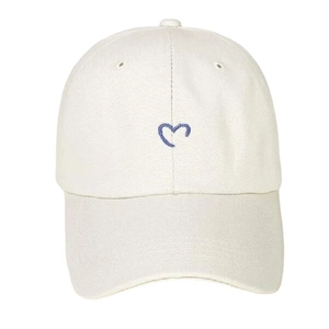 White cotton baseball cap with blue heart embroidery and curved brim for outdoor sun protection