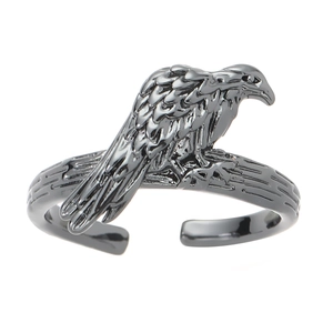 Gothic raven crow open ring with vintage black metal finish and textured branch band