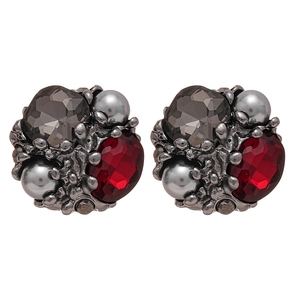 Vintage irregular geometric earrings with red rhinestones and grey faux pearls