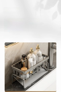 Macro detail of rust-proof gun grey metal sink rack for bathroom essentials