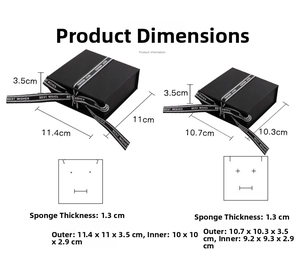 Detailed dimension chart for flip-top jewelry boxes with sponge and ribbon decoration
